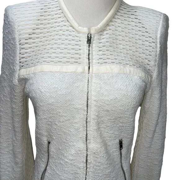 IRO Hurley White Leather Trim Textured Knit Zip Jacket FR38 Pockets Embroidered - Picture 4 of 12